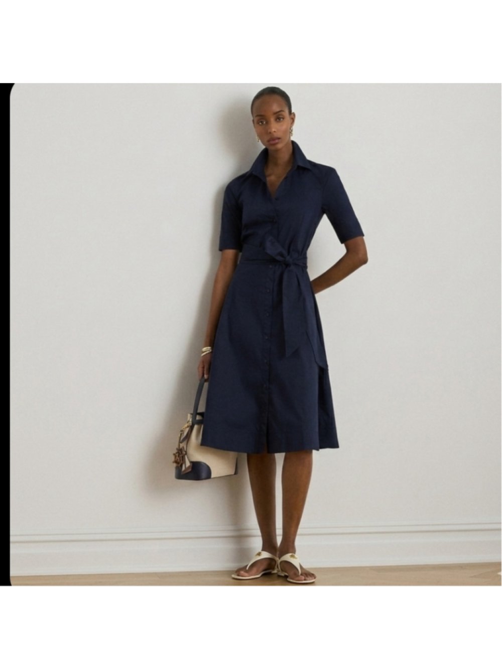 Ralph Lauren Navy Blue Shirt Dress Midi Size 10 Old Money Classic Preppy Stretch
